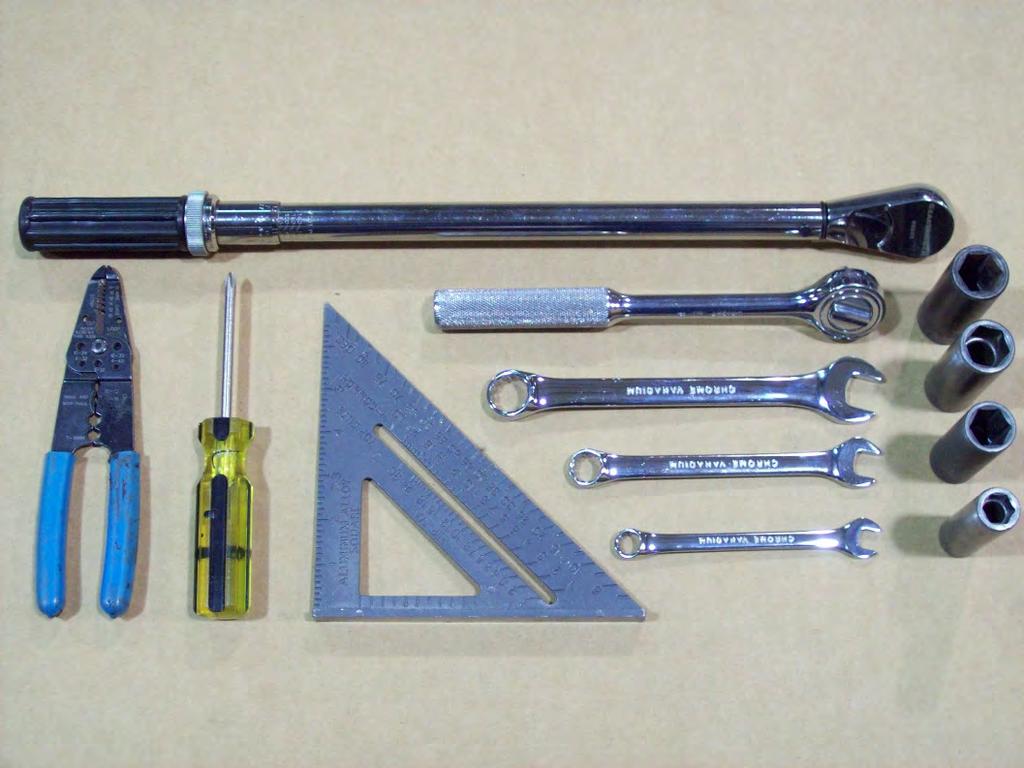 SUT-250-S (These instructions are used for SUT-250-SCLC also) Torque wrench, carpenters square, wire cutters, Phillips screwdriver, 7/16, 9/16, and 3/4 combination wrenches, ratchet, 9/16, 3/4,