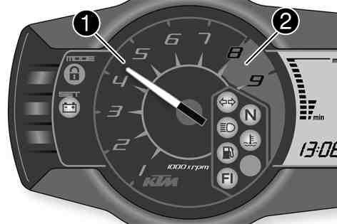 CONTROLS 24 5.11Combination instrument - tachometer (690 Enduro) The tachometer shows the engine speed in revolutions per minute. The red marking shows the excess speed range of the engine.
