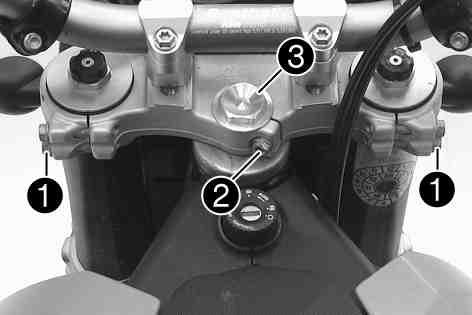 MAINTENANCE WORK ON CHASSIS AND ENGINE 79 B00107-10 800093-10 (690 Enduro) Loosen screw. Remove screw. Loosen and retighten screw. Guideline Screw, top steering head M20x1.5 10 Nm (7.