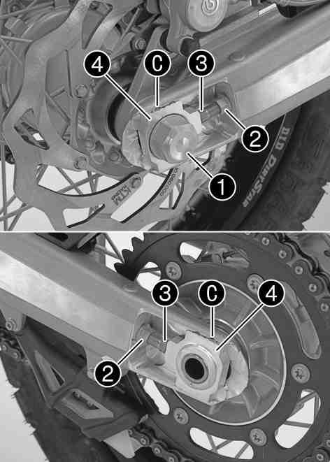 MAINTENANCE WORK ON CHASSIS AND ENGINE 85 Loosen nut. Loosen nuts. Adjust the chain tension by turning adjusting screws on the left and right. Guideline Chain tension 5 mm (0.