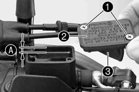 BRAKES 92 Move the brake fluid reservoir mounted on the handlebar to a horizontal position. Remove screws1. Remove cover2with membrane3. Add brake fluid to levela. Guideline Measurement ofa 5 mm (0.