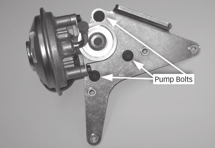Section 4 Vacuum Pump Installation 1. Use a 1 2 drive ratchet or breaker bar to loosen the tensioner pulley to create slack on the drive belt. Remove the factory drive belt. 2. Locate the Banks Vacuum Pump and attach it to the supplied Vacuum Pump Bracket using the three M8x1.