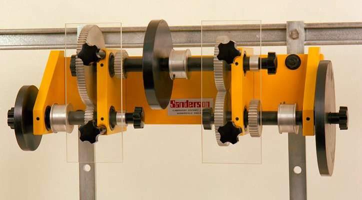 Acceleration of geared systems SD4:15 The Sanderson Geared System consists essentially of three shafts, each mounted on ball races, supported in a suitable frame and connected by gearing.