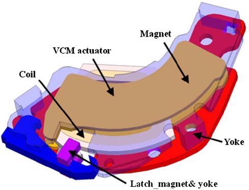 VCM magnet pulls the latch bias pin and creates a clockwise torque to the latch around its pivot.
