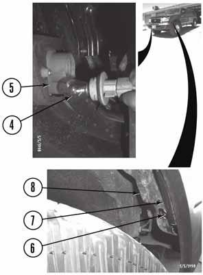 Remove two locknuts (6) from the front bumper (7) and front fenders (8). c.
