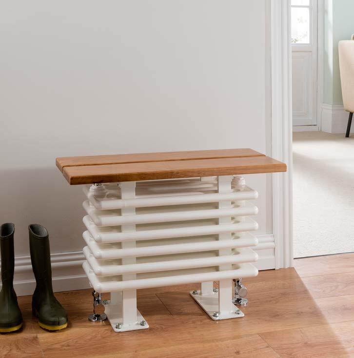 An efficient bench radiator with a solid oak seat, supplied in white finish with RAL colours available to special order, please see page 84 for colour choice. Shown with Roscoe valves.