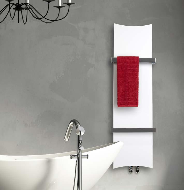 CAMBA Flat designer radiator with camber to top and bottom with one, two or three towel bar options. Shown with Roscoe valve.