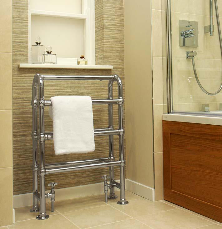 BELGRAVIA An Elegant free standing towel warmer finished in chrome. Manufactured from brass, suitable for all heating and hot water systems and with a 30 year guarantee.
