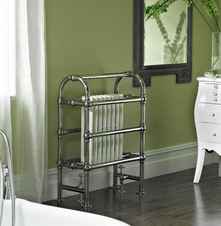74. KNIGHTSBRIDGE A substantial free standing ball jointed towel warmer with a white mild steel column radiator.