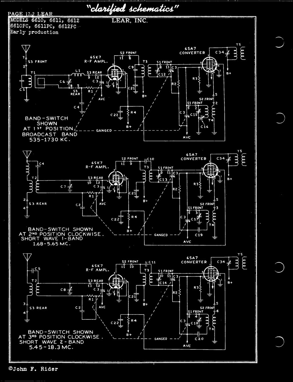 C4 CVERTER C7 53 REAR 1 121 C 3 l 44 3 REAR C2 BAD -SWITCH SHW AT 2D PSITI CLCKWISE. SHRT WAVE 1- BAD 1.68-5.65 MC. C5 6SK7 R -F AMPL.