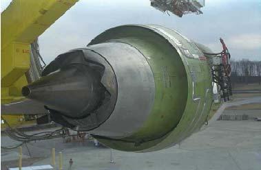 2.5 EPNdBs of noise reduction have been recorded with such a nozzle without significant thrust loss at takeoff of cruise (Ref. 7.18). Figure 7.6 shows the chevron nozzle implemented on the CF34.