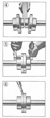 Place the flanged sleeves on the shafts and mount the hubs. Using a spacer bar, make the gap between the hubs equal to the normal gap specified.