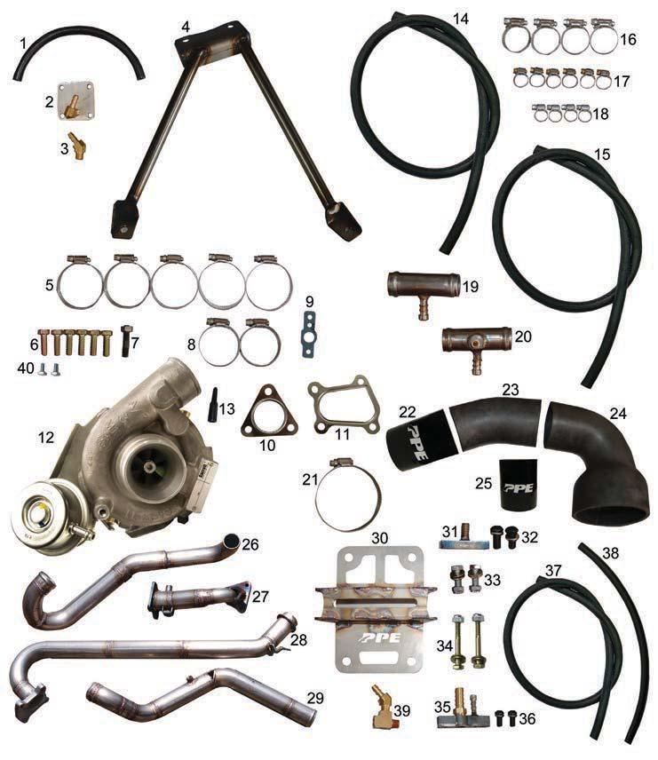 Legal in California only for racing vehicles which may never be used on the highway. 1. Breather Line 2. Breather Adapter 3. Breather Adapter 4. Turbo Mount 304SS 5. Hose Clamps (5) 6.