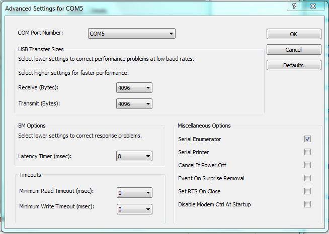 Change the Latency Timer (msec) setting from 16 to 8. 7. Click OK.