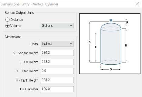 WebCal Appendix (continued) Section Seven Volume Sensor Output Units (Vertical Cylinder Example): Enter the dimensions of the tank. You must enter data in all fields shown.