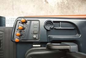 operator leg room, tiltable steering column and ergonomically positioned operator pedals