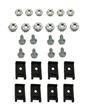 CORRECT ORIGINAL THICKNESS POLISHED ALUMINUM STAMPINGS WITH QUALITY BONDED BLACK-OUT COATING, CORRECTLY SPACED AND PLATED MOUNTING STUD CLIPS. PACKAGED, BUBBLE SLEEVED AND COLOR LOGO BOXED.