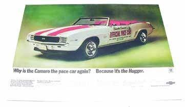 69 CAMARO PACE CAR POSTER REPRODUCTION OF MAY 1969 ISSUE OF LIFE MAGAZINE CAMARO AD. FULL COLOR. 23" WIDE X 17 1/2" TALL.
