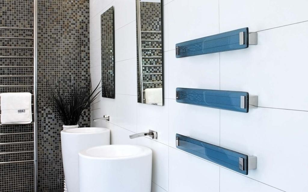Lava rails Lava 14 Blue The gently curved face of the lava glass panels catch the light and look stunning in any style of bathroom.