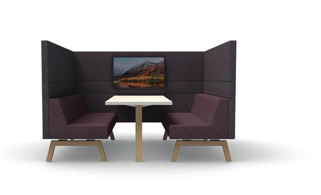 Hybrid Meeting POD By placing two high couches across each other a semi enclosed acoustic work area can be created for flexible working in an open office environment.