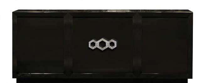 Cleofe Three door sideboard, W 155-210. Crinkled silver or gold leaf three hexagon handle. Finish: NCO-G.