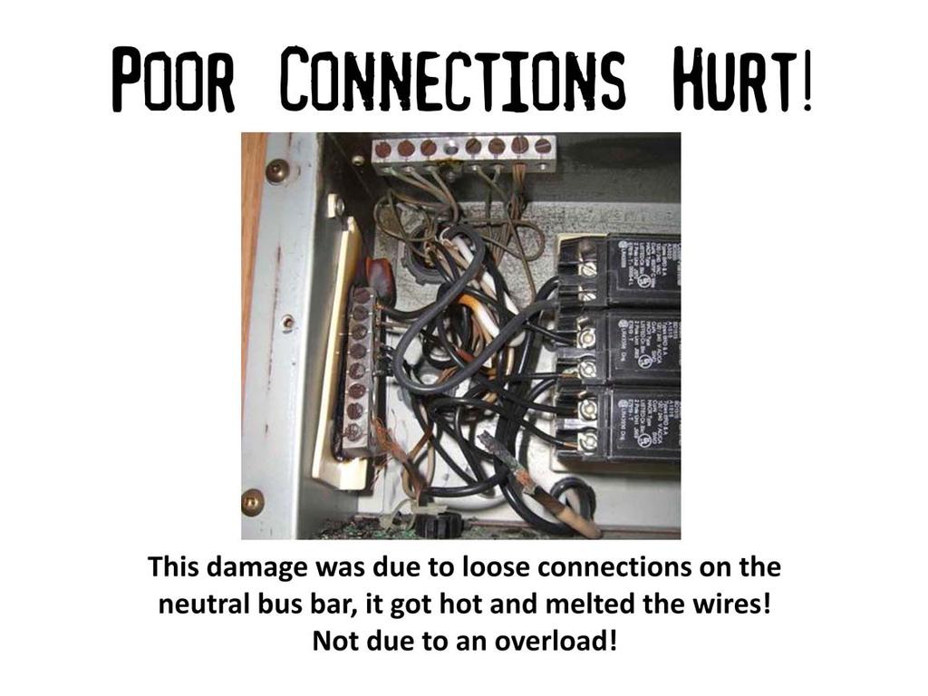 Notice the burned plastic insulator under the neutral bar on the left. The neutral bar is isolated from the metal box. The ground bus at the top is bolted to the metal box.