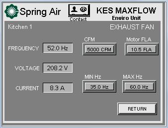 FAN STATUS The FAN STATUS window provides access to the KES exhaust fan controlled by the Touchscreen panel. The screen for the FAN STATUS displays the running Frequency, Voltage and Current.