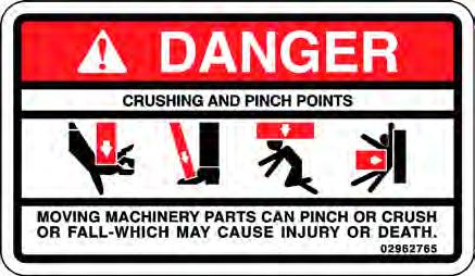 SAFETY DANGER! Crushing and Pinch Points. Moving machinery parts can pinch or crush or fallwhich may cause injury or death. P/N 02962765 Slow Moving Vehicle Decal.