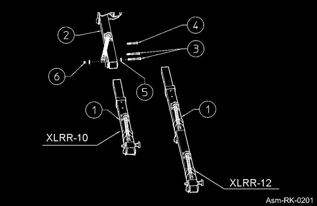 ASSEMBLY 8. For XLRR-10 & XLRR-12 - Insert pipe (1) to the main pipe (2), fastening it with the screws (3), washers (5) and nuts (6).