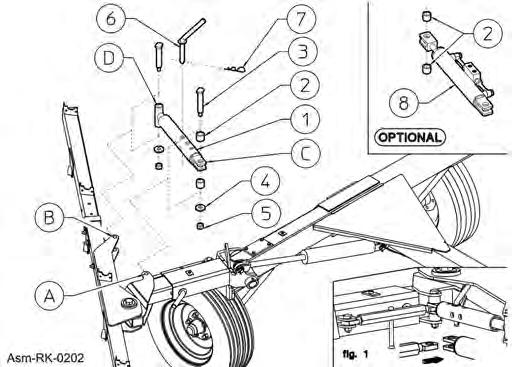 Attach the manual angle tie-rod (1) at the two points (A) and (B), the rear end (C) at point (A) and the front end (D) at point (B), using