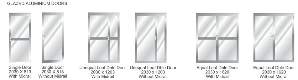 opening systes aluiniu doors angles & extrusions List price Code Size Qty / Box Mass / Each Price / 2 GLAZED ALUMINIUM DOOS Aluiniu Door (Glazed) - Natural Anodised Single Door : 30 x 13 With Midrail