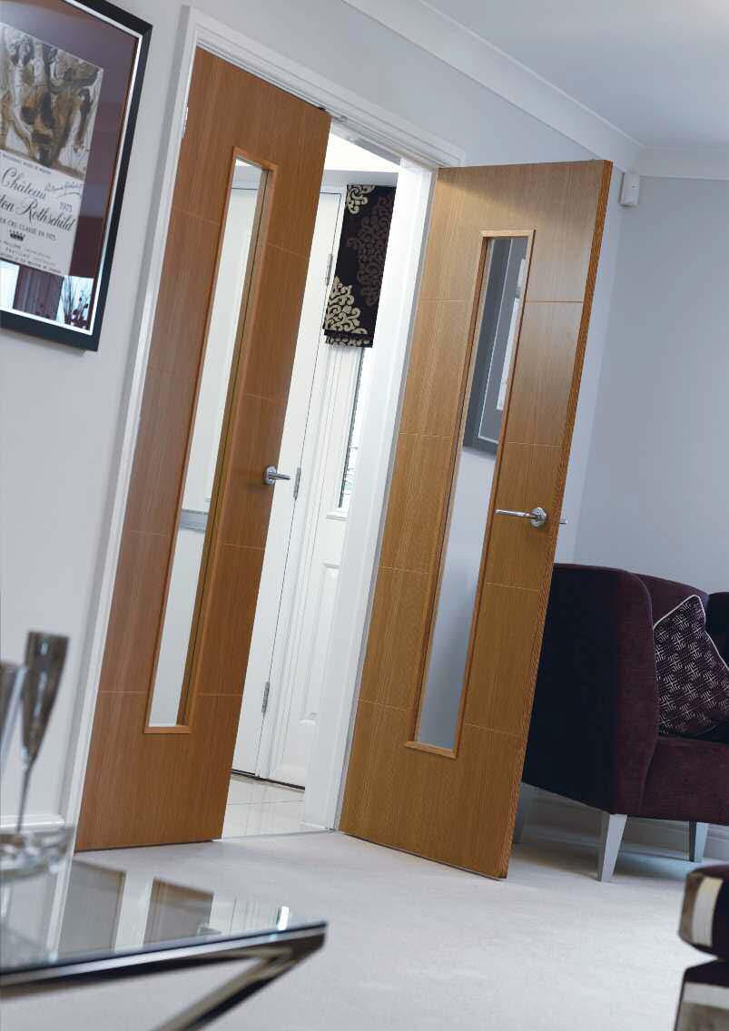 Gallery l Light oak grained painted finish l Contemporary flush grooved design l BWF-CERTIFIRE FD30 fire doors (glazed FD30 available to order) l FSC chain of