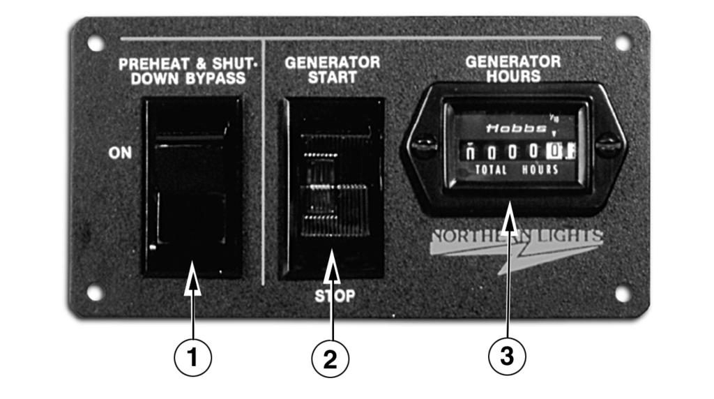 Control Panels 1. SHUTDOWN BYPASS-PREHEAT SWITCH Two functions are built into this switch: the preheating of the engine, and bypassing of the engine safety shutdown circuit.