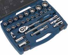 33pc 1/4"Sq Drive 6pt 34pc 3/8"Sq Drive 6pt 26pc 1/2"Sq Drive 6pt Contents: Standard Sockets; 4-14mm, Deep Sockets; 4-14mm, Extension Bars; 50, 100, 150mm, Sliding T-Bar, 1/4"Sq Drive 48-Tooth