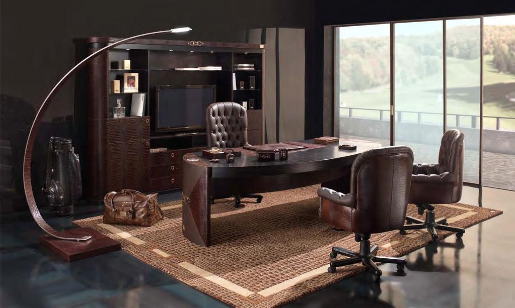 City office Desk cm 260x114x77h leather new cocco tobacco & deer tobacco, with drawers on top, veneer Ebony