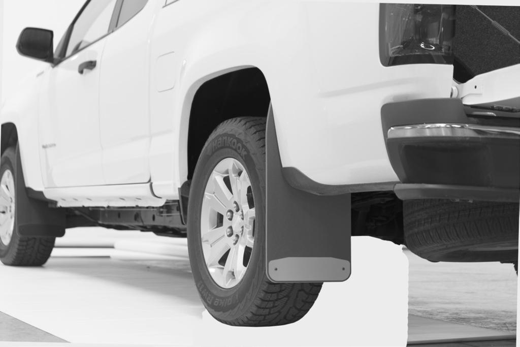 Determine mud flap alignment and edge orientation with wheels. One edge is square for flush alignment.