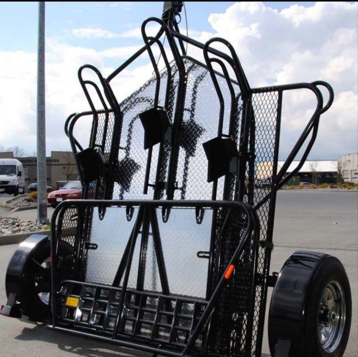 The MCTD trailer is built using a fully welded heavy-duty steel tube frame with aluminum diamond plate floor and a flip up rear that locks to the frame to reduce its size when stood up to be stored.