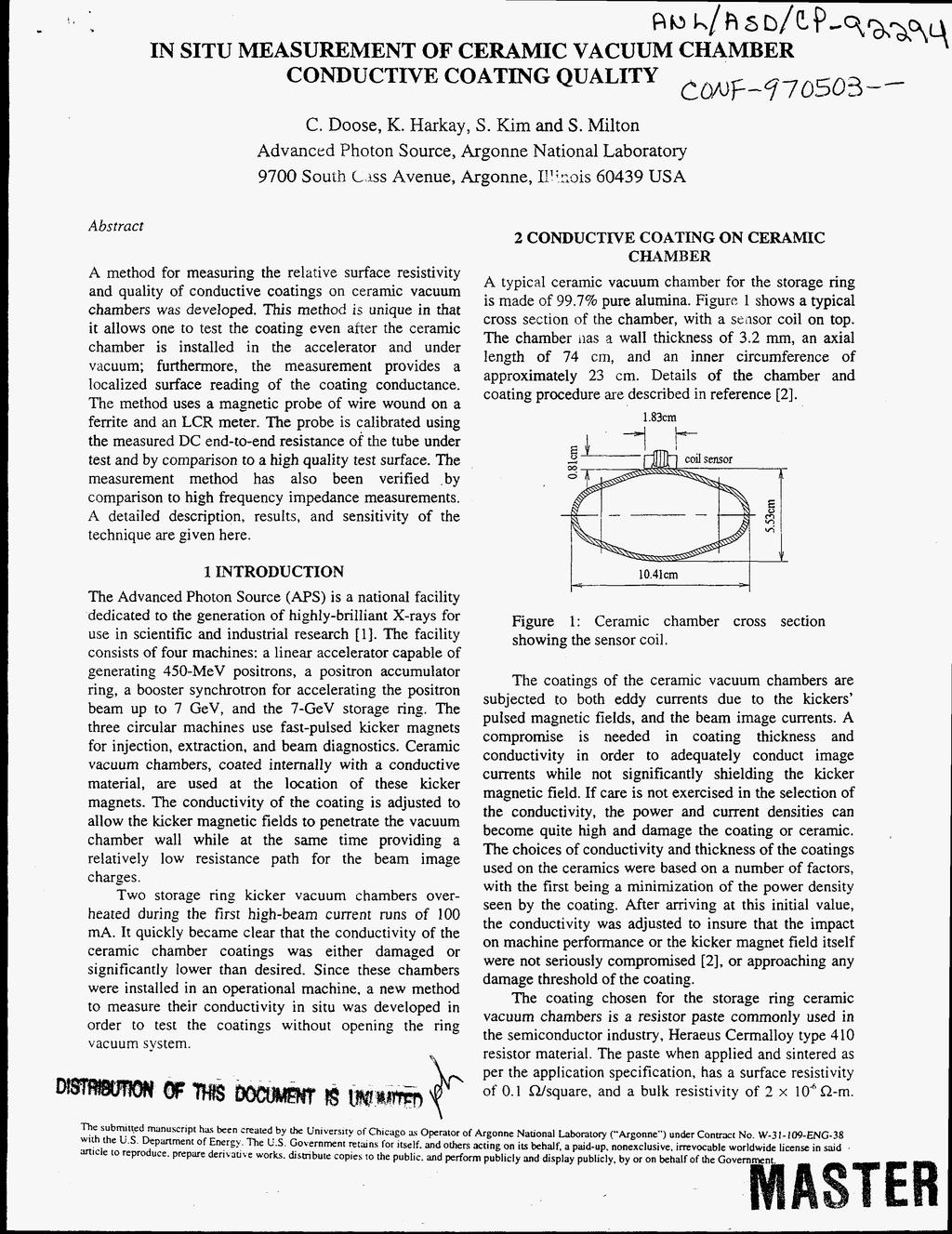 R bl / ~ ~ D / C P - T ~ IN SITU MEASUREMENT OF CERAMIC VACUUM CHAMBER CONDUCTIVE COATING QUALITY coa+y70503-- C. Doose, K. Harkay, S. Kim and S.