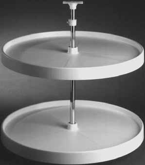 Revolving Corner Systems Full Round For corner cabinet installations Durable nylon bearings Easy to install with adjustable post Full Round Shelf Sets Material: Shelf: high impact polystyrene