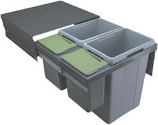 Waste Bins Pull-Out Door Mounted Designed to be removed from the cabinet while the lid remains inside for use as a shelf Bin is mounted to the inside of the cabinet, and incorporates its own runners