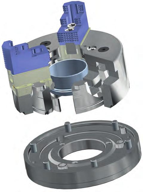 to a different spindle nose, by simply excanging te centering adapter Use of clamping inserts for bar work (special design) Base jaw secured against trow-off Used in conjunction wit RÖ actuating