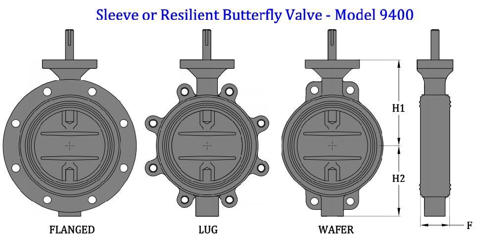 Dimensions for Sleeve Butterfly Valve (Model 9400): ASME CLASS 150 Size Face to Face ( mm ) H1 H2 in mm Wafer Lug Flange mm mm Note:- ** For size 24 and above kindly contact INVACO.