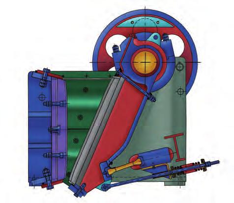 spherical roller bearings Swing jaw pivots with bronze bushes, on a concentric shaft Eccentric shaft actuates a vertical pitman connected to a pair of toggle plates, and is not directly exposed to