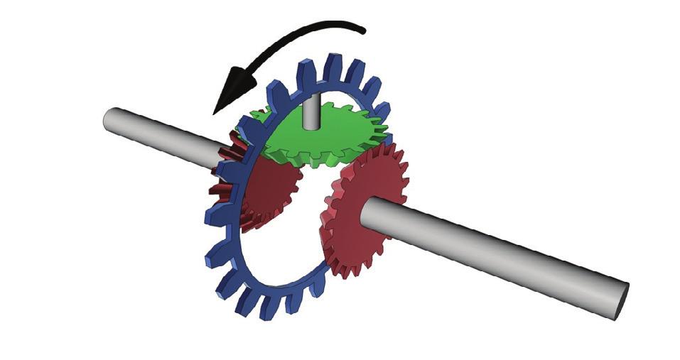 The inside can be shown schematically as below. Figure 20. The green gear is free to rotate and the red gears connect to the wheels.
