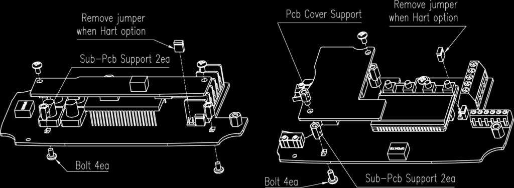 Open base cover, PCB cover. Separate the Main PCB from base body. 2. Mount 2ea of sub-pcb support on Main PCB with 2ea of bolt. 3. Insert connector of sub-pcb into connector of main PCB correctly. 4.