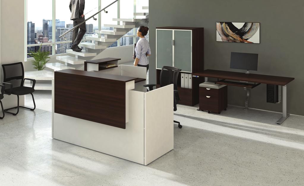 PW Layout #19 Shown in: Pure White / Evening Zen 77 69 Shown with Innovations Storage & Olympus Height Adjustable Desk PW GD EZ Finish: Two-tone reception desk and return is available in two finish