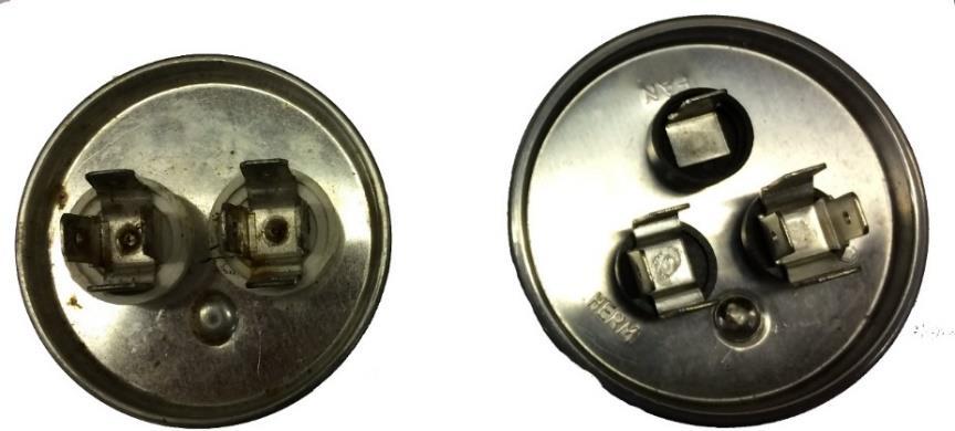 5. Are the original start devices removed? The Easiest way to check for start devices is to look at the connections on the run capacitor. There are two styles of run capacitor as shown below.