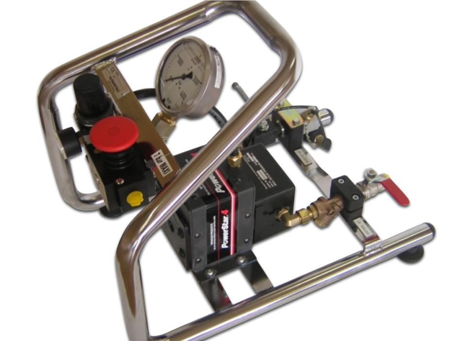 pressure: 2300 bar Available in 2 versions: tubular frame mount (pictures above) ou standalone pump These pumps use compressed air (dry air) as an energy source to deliver fluids (water, oil,