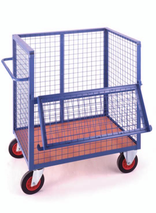 Security Container Trucks Factory fi tted with lockable lids. Steel framework infi lled with mesh or plywood, and hinged centrally along its own length and to main body of truck.