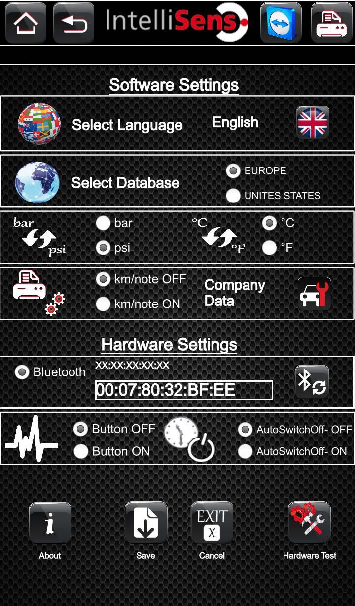 Settings In the Settings menu all important software and hardware settings can be found. Please click on the flag to select your preferred language.